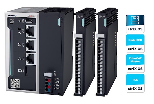 Zdjęcie przedstawia zestaw produkt&oacute;w do automatyzacji przemysłowej, kt&oacute;ry jest gotowym rozwiązaniem do szybkiego rozpoczęcia pracy z platformą ctrlX AUTOMATION. Na pierwszym planie widoczny jest kompaktowy, modułowy sterownik przemysłowy ctrlX COREplus X3 (zazwyczaj w ciemnej obudowie z wyraźnymi portami komunikacyjnymi) oraz dołączone do niego moduły wejść/wyjść (I/O) ctrlX &ndash; moduł wejść cyfrowych i moduł wyjść cyfrowych (oba po 16 kanał&oacute;w). Komponenty te są często ułożone obok siebie lub zmontowane. Całość symbolizuje otwartą architekturę, opartą na systemie Linux, służącą do zastosowań PLC, IoT oraz EtherCAT.