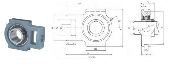 Obraz przedstawia zespoły łożyskowe naciągowe UCT produkcji SNR. Zespoły te składają się z żeliwnej oprawy naciągowej, kt&oacute;ra ma charakterystyczny kształt litery "T" lub "U" i jest przeznaczona do mocowania na prowadnicy za pomocą dw&oacute;ch śrub. Dzięki takiej konstrukcji możliwe jest precyzyjne napinanie wału lub taśmy w układach transportowych. Wewnątrz oprawy osadzone jest łożysko kulkowe samonastawne z poszerzonym pierścieniem wewnętrznym. Oprawa jest solidna i ma wytłoczone logo SNR.