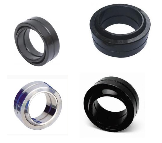 Wybrany obraz przedstawia łożyska przegubowe typu GE. Charakteryzują się one kulistą powierzchnią ślizgową na pierścieniu wewnętrznym i zewnętrznym, co pozwala na przenoszenie obciążeń wzdłużnych i promieniowych oraz kompensowanie odchyleń kątowych. Są to komponenty o solidnej budowie, przeznaczone do pracy w trudnych warunkach, takich jak wibracje czy duże obciążenia.